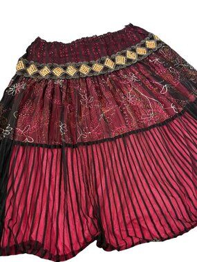 Vintage Y2K A Line Midi Skirt S Black Pink Mesh Overlay Sequins Whimsygoth Boho